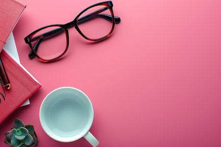 Stylish Eyeglasses and White Coffee Mug on Vibrant Pink Background with Green Succulent and Book for Modern Workspace Decor AI Generativeの素材