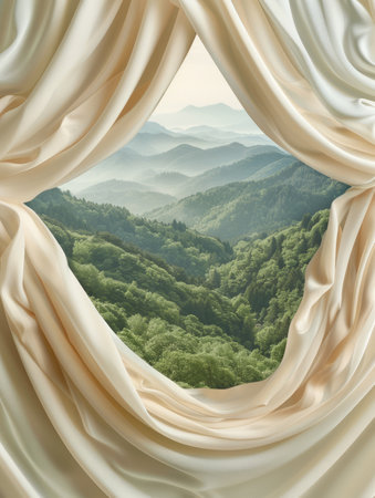 Serene Mountain View through Draped Curtains, Majestic Landscape with Green Hills and Misty Valleys, Tranquil Nature Scene Captured from a Window, Scenic Vista of Rolling Forested Mountains AI Generativeの素材