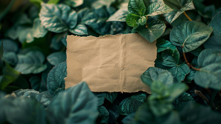 Blank Vintage Paper Card Among Lush Green Ivy Leaves in Nature, Eco Friendly Background, Natural Organic Concept, Botanical Garden Inspiration, Rustic Handmade Stationery in Foliage, Leafy Backdrop AI Generativeの素材