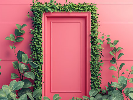 Vibrant Pink Door with Lush Green Foliage, Decorative Plants and Pink Wall, Modern Exterior Design with Nature Elements, Tropical Vibes, Cheerful and Inviting Entrance, Architectural Detail AI Generativeの素材