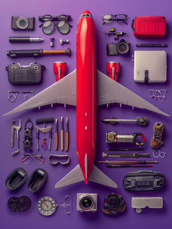 Meticulously Arranged Airplane Travel Essentials with Electronics, Tools, Glasses, and Accessories on Purple Background for Organized Travel Preparation AI Generativeの素材