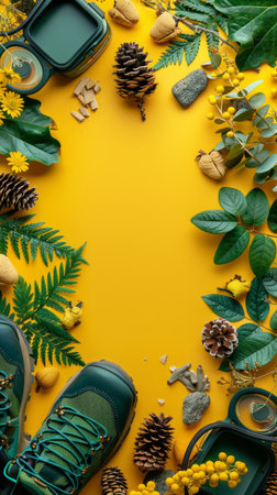 Outdoor Adventure Essentials Flat Lay with Boots, Pine Cones, Leaves, and Hiking Gear on Bright Yellow Background AI Generativeの素材
