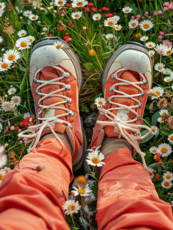 Vibrant Hiking Boots in Orange Amidst Beautiful Wildflower Field Perfect Outdoor Adventure Nature Scene AI Generativeの素材