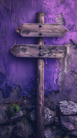 Rustic Wooden Signpost Against Weathered Purple Wall in Vintage Style, Outdoor Navigation Sign, Directional Guidepost for Instinctive Travel, Artistic Surface with Charismatic Texture AI Generativeの素材