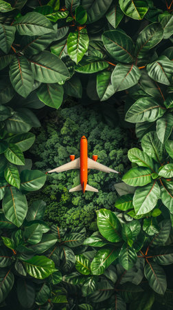 Aerial View of Bright Orange Airplane Flying Above Lush Greenery and Dense Forest Canopy Surrounded by Leaves in Nature AI Generativeの素材