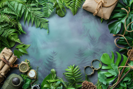 Tropical Jungle Adventure Background with Lush Greenery, Various Leaves, Compass, Binoculars, Rope, and Travel Supplies Perfect for Nature themed Projects, Travel Blogs, or Eco friendly Concepts AI Generativeの素材