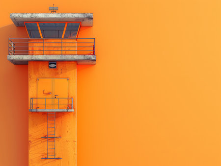 Vibrant Orange Watchtower Against Bold Background Illustrating Modern Minimalist Architecture and Strong Color Contrast for Eye Catching Visual Impact AI Generativeの素材