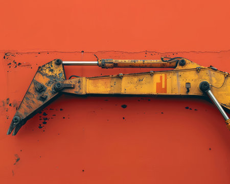 Rusty Excavator Arm Against Vivid Orange Wall Symbolizing Urban Decay and Industrial Transformation in Modern Cities Construction Sites and Heavy Machinery Themes AI Generativeの素材