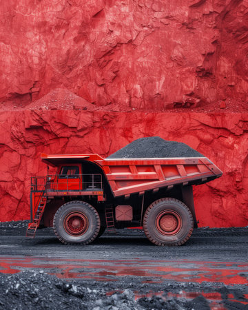 Heavy Duty Mining Dump Truck Loaded with Coal Against Vibrant Red Rock Quarry Background High Resolution Industrial and Mining Photography for Commercial Use and Visual Projects AI Generativeの素材