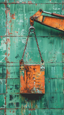 Weathered Industrial Machine Arm Lifting Rusty Metal Bucket Against Textured Green Background for Vintage and Industrial Theme Photography AI Generativeの素材