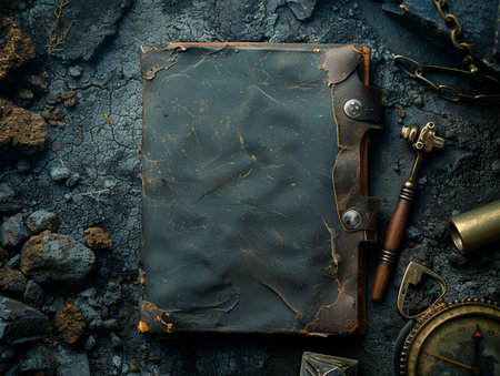 Vintage Leather Journal on Dark Background with Antique Compass, Gavel, and Metal Ornaments An Artistic Display of Historical Artifacts and Timeless Elegance in a Rustic Setting AI Generativeの素材