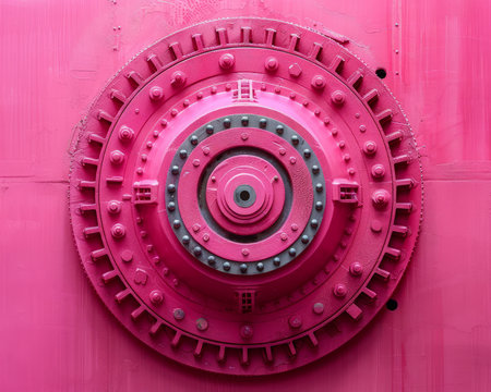 Bold Pink Industrial Machinery, Circular Gear Mechanism, Vibrant Pink Metal Surface, Geometric Industrial Design, Symmetrical Machine Component, Mechanical Engineering, Industrial Art Installation AI Generativeの素材