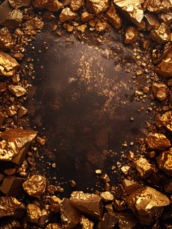 Glimmering Gold Nuggets Scattered on Dark Surface Striking Close Up Capturing the Luster and Raw Elegance of Natural Precious Metal AI Generativeの素材