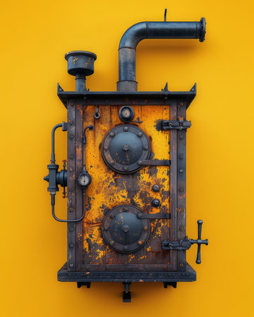 Steampunk Industrial Boiler Apparatus with Rustic Metal Finish and Detailed Pipework on Bright Yellow Background for Artistic and Creative Design Inspirations AI Generativeの素材