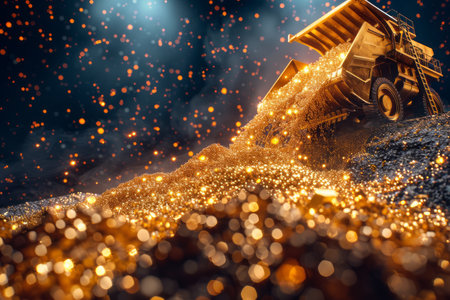 Massive Dump Truck Unloading Glowing Golden Particles During Mining Operation at Night Under Bright Spotlights with Bokeh Effect in the Background AI Generativeの素材
