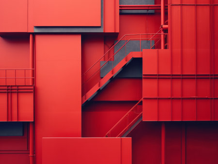 Modern Industrial Architecture with Bold Red Geometric Shapes and Monochromatic Color Scheme Highlighting Metal Stairs, Innovative Design Elements, and Contemporary Urban Aesthetic AI Generativeの素材
