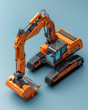 High Resolution Image of an Orange Excavator on a Blue Background Construction Vehicle, Heavy Machinery for Earthmoving and Construction Projects, Detailed Close Up Industrial Equipment Photography AI Generativeの素材