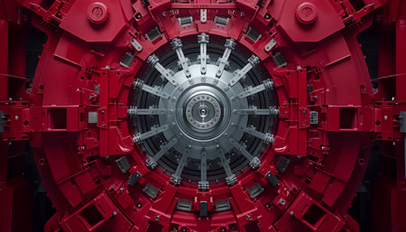 Intricate Mechanical Gear System in Red and Silver with Detailed Engineering Design AI Generativeの素材