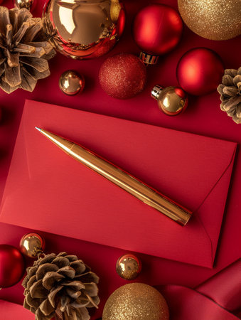 Elegant Holiday Card with Golden Pen, Red Envelope, and Festive Ornaments Including Red and Gold Baubles, Pine Cones, and Holiday Decorations AI Generativeの素材