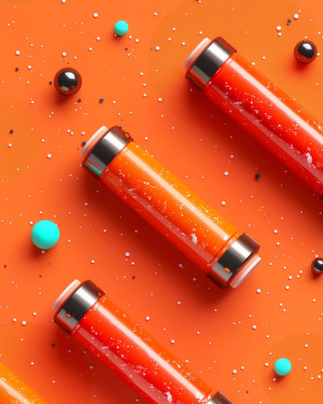 Vibrant Modern Abstract Art Composition with 3D Shapes in Orange Tones, Tube Forms and Colorful Spheres, Pop Art Style Graphics for Contemporary Decor AI Generativeの素材