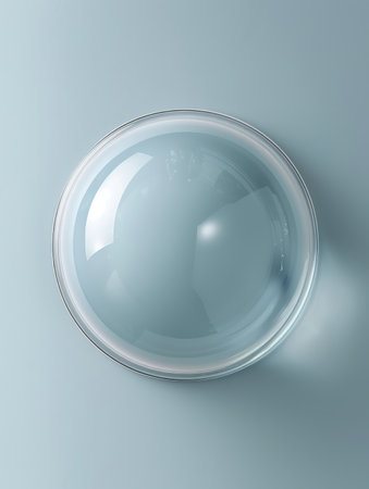 Top View of a Perfect Transparent Soap Bubble on Light Blue Background Showcasing Fragility and Beauty in Nature&#39;s Simple Forms AI Generativeの素材