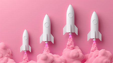 Minimalist Modern Design of White Rockets Launched into Pink Clouds, Symbolizing Creativity, Innovation, and Aspirations AI Generativeの素材