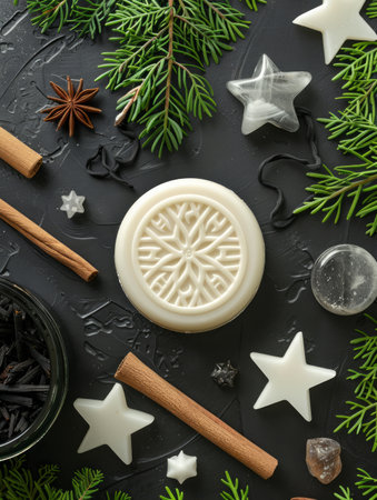 Festive Aromatherapy Handcrafted Soap with Cinnamon Sticks, Star Anise, and Pine Branches on Dark Background AI Generativeの素材