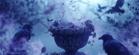 Enigmatic Gothic Raven Orchestration Mystical Birds Surrounding an Old Stone Fountain in a Foggy, Twilight Garden AI Generativeの素材