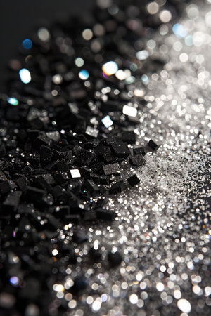 Mesmerizing Black and Silver Glitter Close Up Shimmering Texture Full of Sparkling Details in Monochrome Colors for Abstract Art and Backgrounds AI Generativeの素材