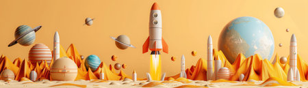 Rocket Launch in Futuristic Space Scene with Planets and Asteroids, Vibrant Orange and Blue, Digital Art Illustration for Sci Fi Enthusiasts, Space Exploration, Children&#39;s Book Covers, Space Art AI Generativeの素材