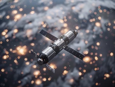 Spectacular View of a Satellite Orbiting Earth Amidst Starry Night Sky with Glowing Stars and Cosmic Backdrop Highlighting Space Exploration and Technology Advancements AI Generativeの素材