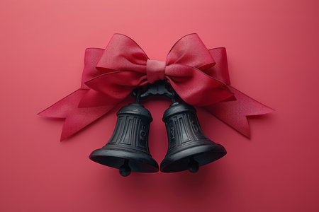 Festive Holiday Bells with Red Ribbon on Red Background, Christmas Decoration, Winter Festive Season, Joyful Celebration, Holiday Spirit, Classic Bell Ornaments, Christmas Joy, Seasonal Cheer AI Generativeの素材