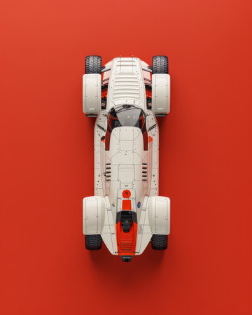 Top View of Retro White Race Car on Vibrant Red Background Vintage Vehicle Design, High Speed Performance, Classic Racing Aesthetics, Sleek Aerodynamic Structure, Iconic Reimagined Hot Rod AI Generativeの素材