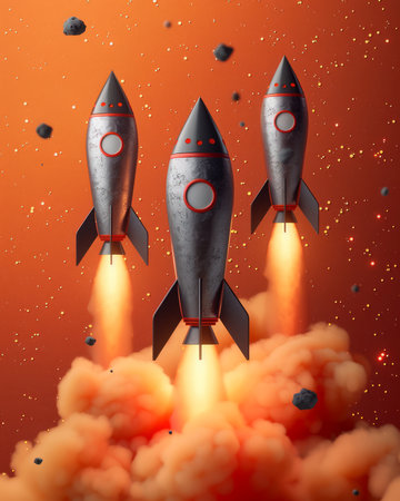 Three Vintage Rockets Launching into Space Against a Colorful Cosmic Background with Stars and Asteroids Retro Style Rocket Propulsion and Space Exploration Concept with Fire and Smoke AI Generativeの素材