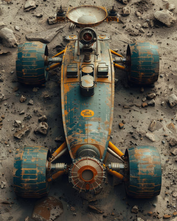 Futuristic All Terrain Rover on Mars Surface Rusty and Rugged Space Exploration Vehicle Sci Fi Equipment for Extraterrestrial Terrain Navigation High Resolution Image for Concept Art AI Generativeの素材