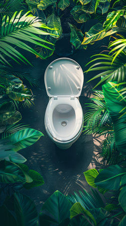Modern White Toilet Surrounded by Lush Green Tropical Foliage in Artistic Outdoor Setting AI Generativeの素材
