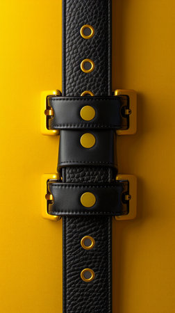 Elegant Black and Gold Leather Belts with Brass Buckles on Yellow Background for Fashion and Accessories Brand Promotion AI Generativeの素材