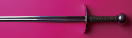 Medieval Longsword on Pink Background Historical Weapon Photography Sharp Blade and Hilt Historical Relic Swordsmanship Artifacts Knightly Weaponry Middle Ages Armament Display AI Generativeの素材