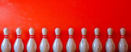 Row of Bowling Pins Against Vivid Red Background, Ready for a Strike in a Classic Bowling Alley Setting, Perfect for Sports Enthusiasts, Bowling League Promotions, and Retro Recreation Themes AI Generativeの素材