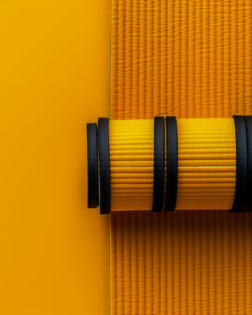 Bright Yellow Yoga Mat with Black Accents on Vibrant Yellow Background Fitness Equipment, Exercise, and Wellness Concept AI Generativeの素材