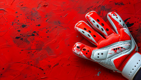 Striking Red Sports Glove on Textured Red Background Dynamic and Bold Sports Equipment Photograph AI Generativeの素材