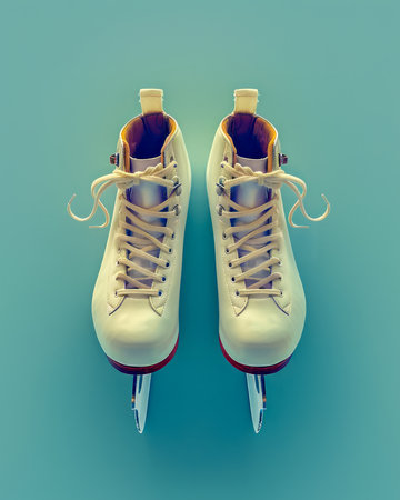 Pair of Classic White Ice Skates on Vibrant Teal Background with Laces and Blades Facing Upwards AI Generativeの素材