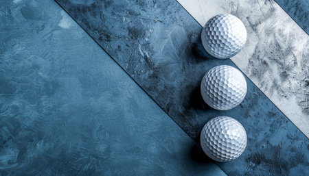 Three White Golf Balls on Blue and White Cloth Background in a Diagonal Line Minimalistic and Sports Theme for Golf Enthusiasts and Decor AI Generativeの素材