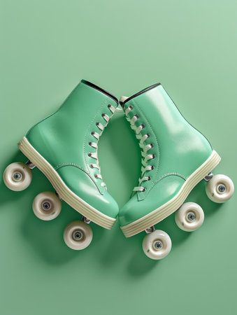 Retro mint green roller skates against pastel backdrop, vintage style footwear for outdoor fun and activities, classic lace up design with wheels, nostalgic sports gear for skating enthusiasts AI Generativeの素材