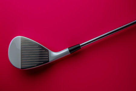 Close Up of Modern Golf Club Against Red Background Sleek Silver Golf Wedge Head with Black Grip on Vibrant Red Backdrop AI Generativeの素材