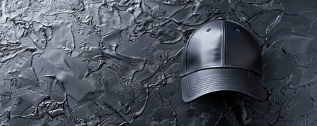 Stylish Black Baseball Cap on Premium Textured Dark Background Perfect for Modern Fashion Accessories or Urban Style Promotions AI Generativeの素材