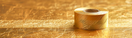 Shiny Golden Tape Roll on Wooden Table Close up of Glittery Adhesive Tape in Home Office or Crafting Workspace Illuminated by Warm Light AI Generativeの素材