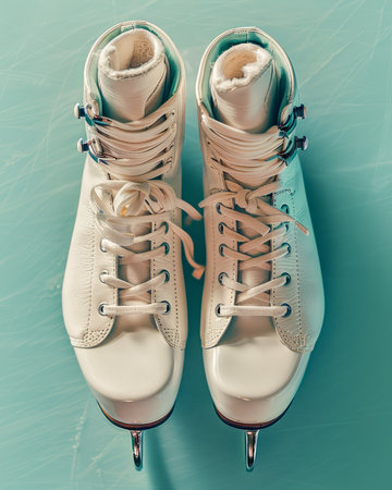 Classic White Figure Ice Skates on Ice Rink Surface High Quality Leather Skating Boots with Laces and Blades Perfect for Ice Skating, Winter Sports, and Recreational Use AI Generativeの素材