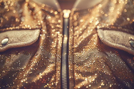 Close up Photograph of Sparkly Golden Glitter Textile with Zipper and Pockets, Soft Focus Effect, Fashion Textiles Study, Glittering Fabric, Detailed Textural Photography, Shiny Clothing Material Art AI Generativeの素材