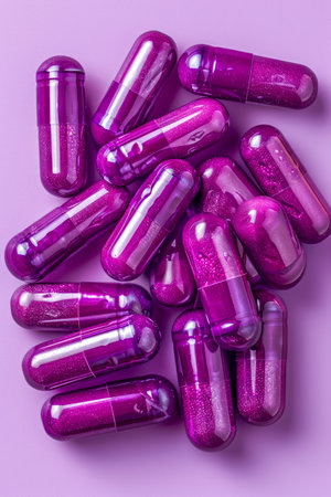 Vibrant Purple Capsules on Lavender Background Medical and Pharmaceutical Conceptual Image for Health and Wellness AI Generativeの素材